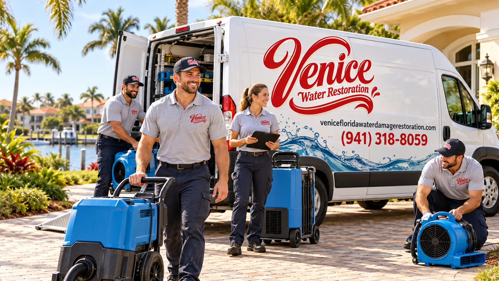 Venice Water Restoration van and team with drying equipment beside a home